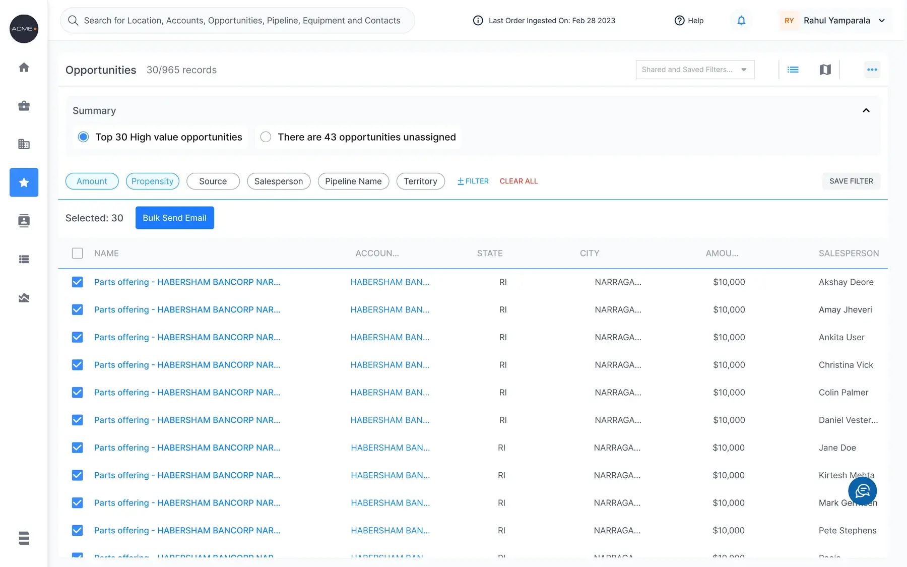 The Opportunities list filtered to 30 of 965 records, with Top 30 high value opportunities selected as a summary radio, faceted filter chips, all 30 rows checked, and a Bulk Send Email action
