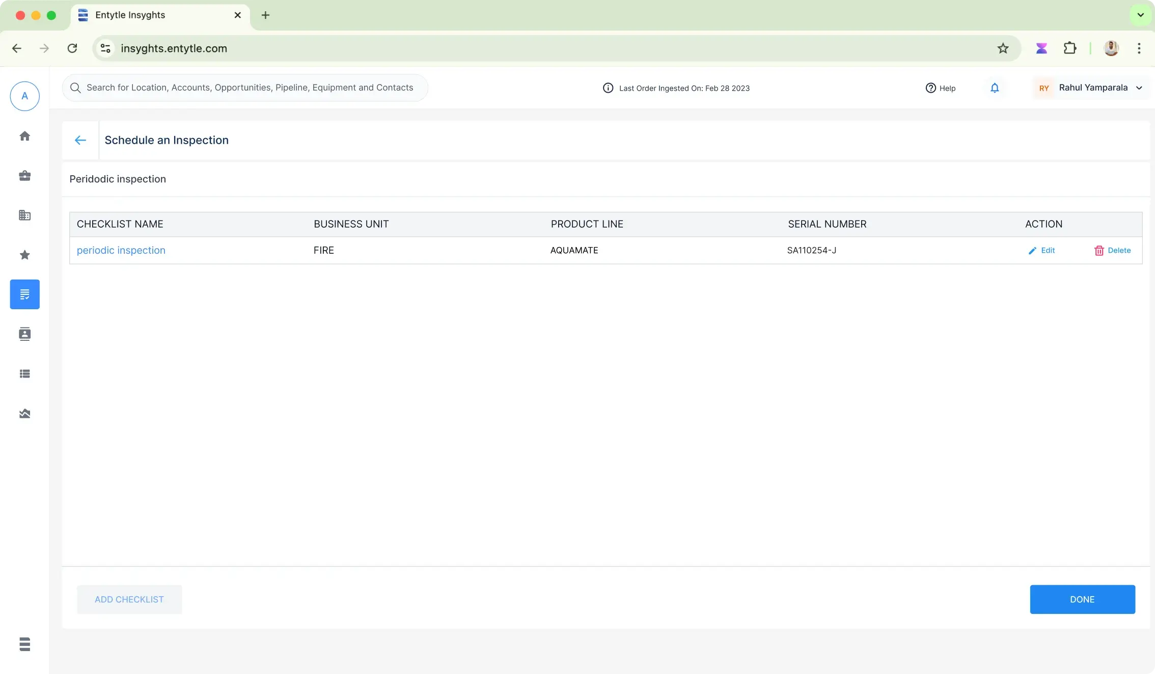 The Schedule an Inspection screen, listing a periodic inspection checklist against its business unit, product line and equipment serial number, with actions to edit or delete it and buttons to add another checklist or finish
