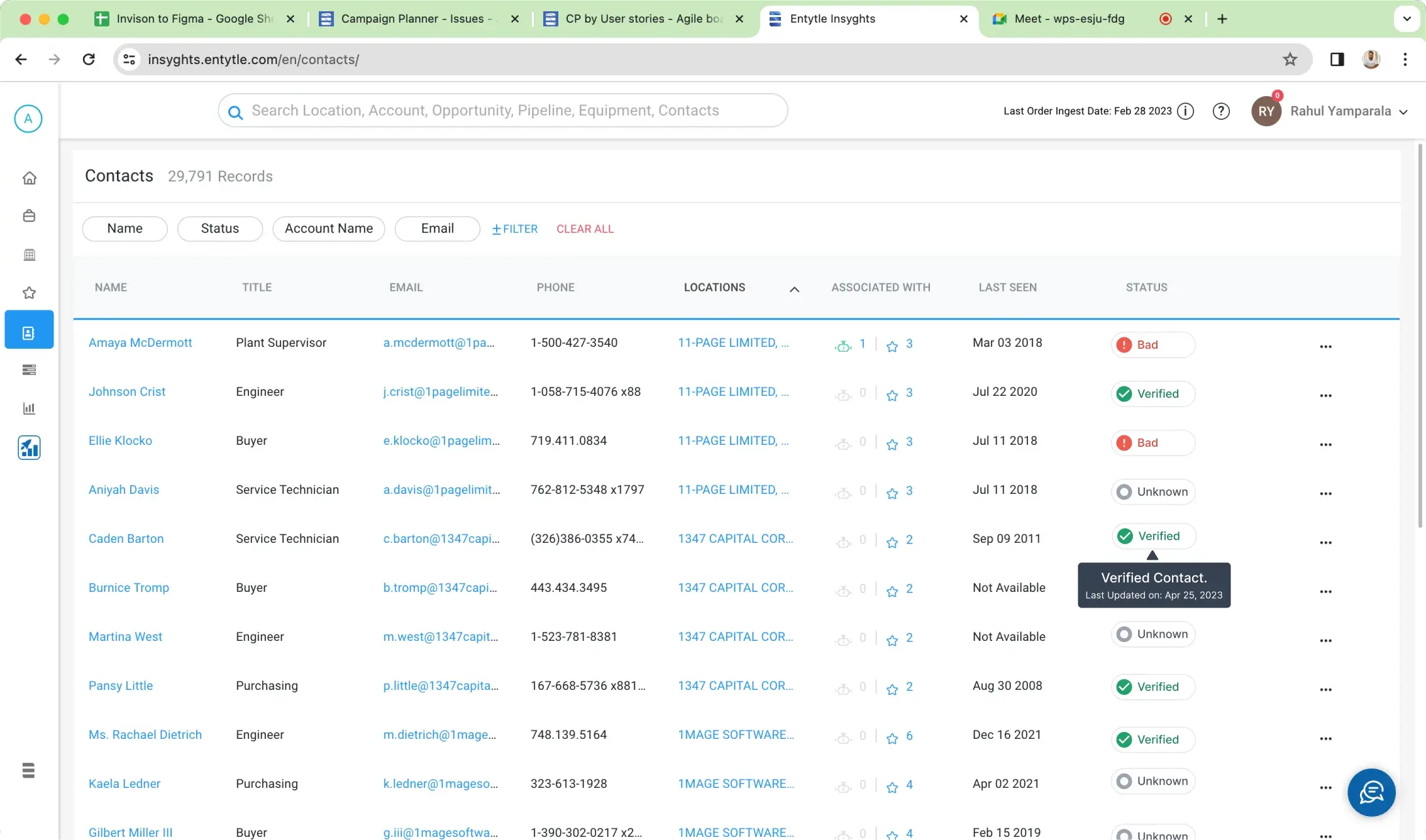 The Contacts module in Entytle Insyghts listing 29,791 records with filter chips for name, status, account name and email, and columns for title, email, phone, locations, associated with, last seen and a verified, bad or unknown status, with a tooltip reading Verified Contact and the date it was last updated