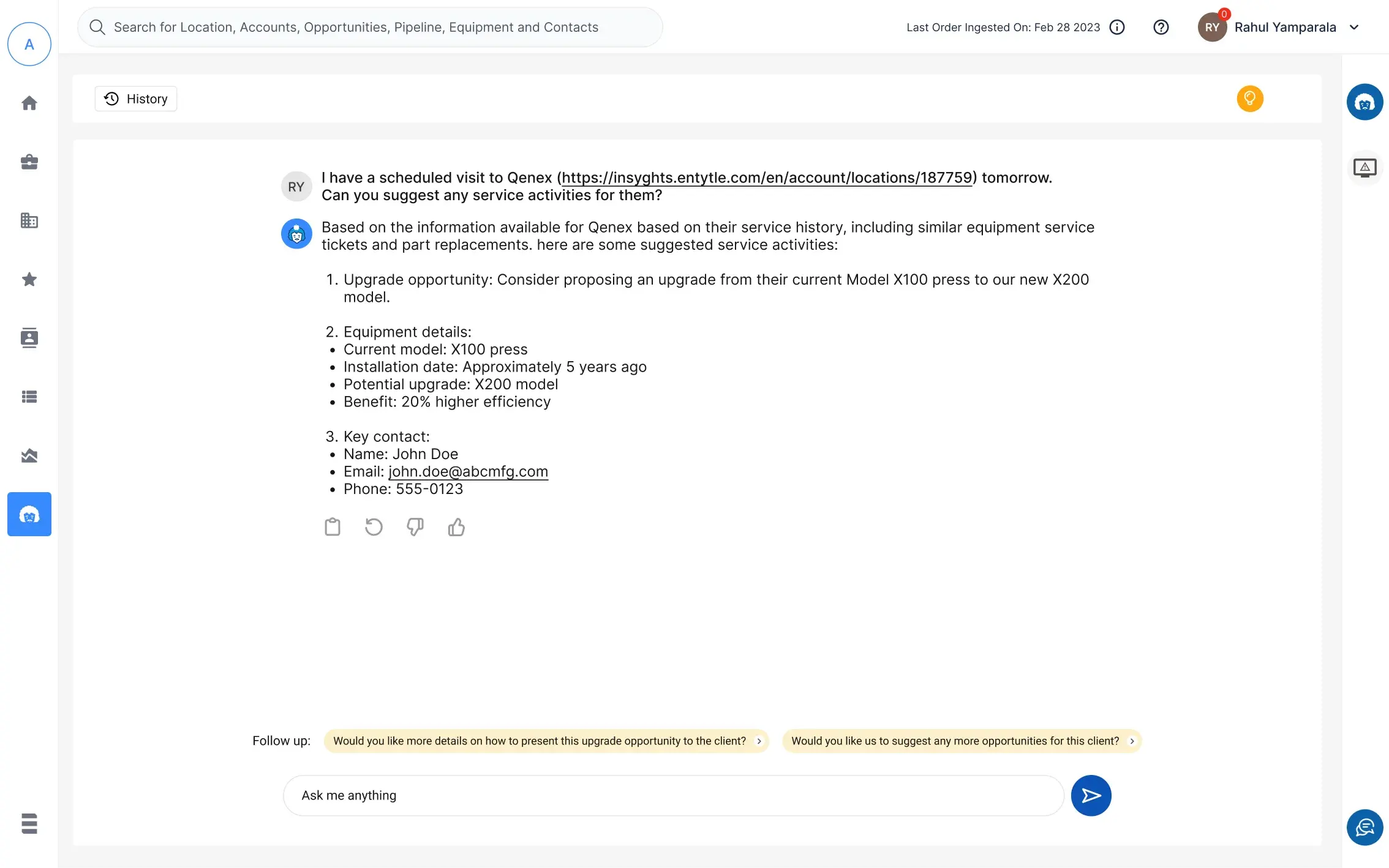 A full page conversation with the assistant, where the user pastes a location link and asks for suggested service activities before a visit tomorrow, and the reply comes back as a numbered upgrade opportunity, equipment details and a key contact, with copy, regenerate, and thumbs up or down controls