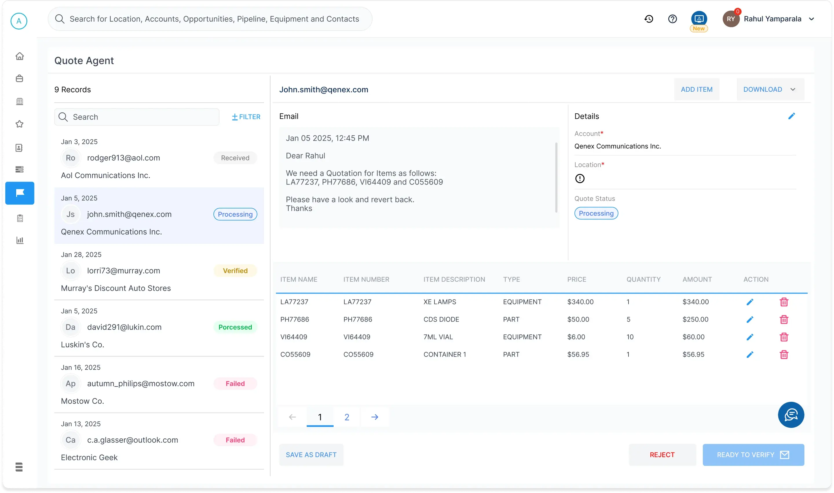 The Quote Agent workspace: a list of nine records with status pills on the left, the customer's email in the middle, a details panel giving account, location and quote status, and a table of the four line items extracted from the email with price, quantity and amount
