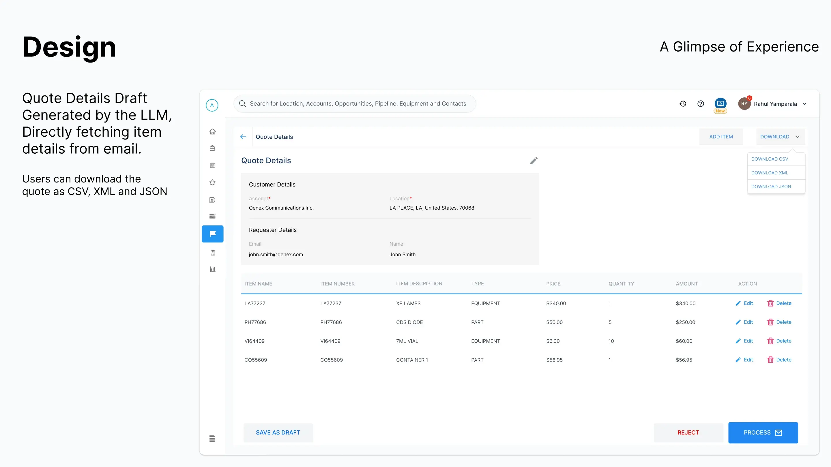 A slide showing Quote Details drafted from the email, with customer and requester details above the line items, and a download menu open on CSV, XML and JSON