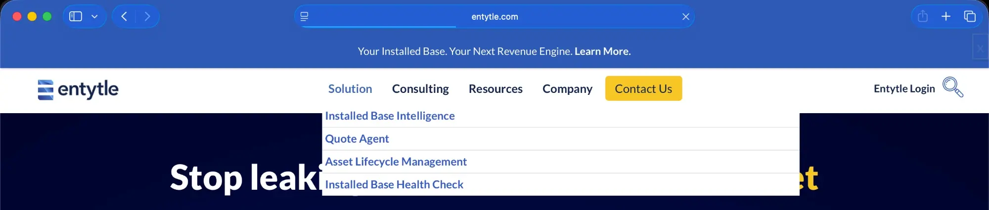 Entytle's own marketing site at entytle.com, with the Solution menu open and listing Installed Base Intelligence, Quote Agent, Asset Lifecycle Management and Installed Base Health Check in that order
