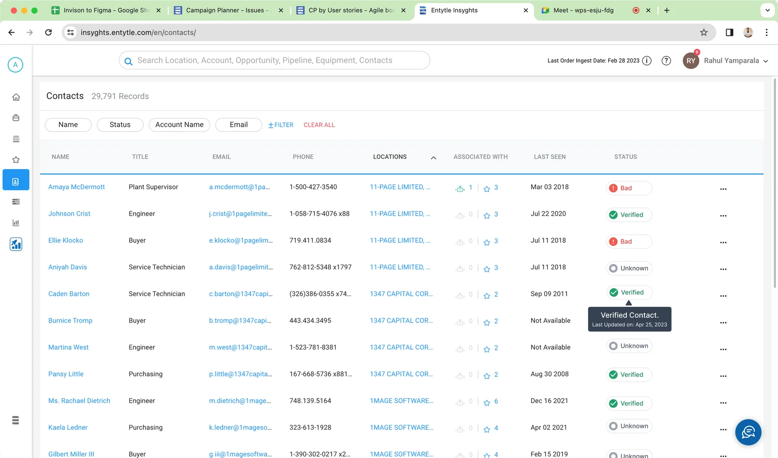Entytle contacts workspace showing verified, bad, and unknown data-quality states with recency