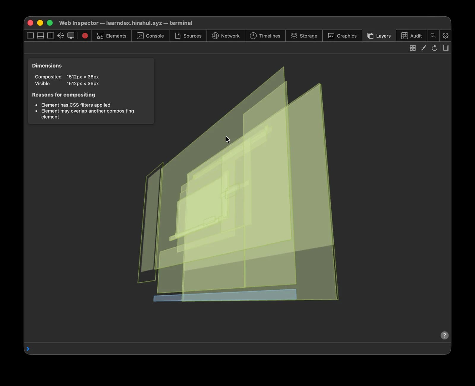 Safari Layers tab on Trade-Lab terminal showing a non-sticky footer element. Reasons for compositing: CSS filters applied, may overlap another compositing element.