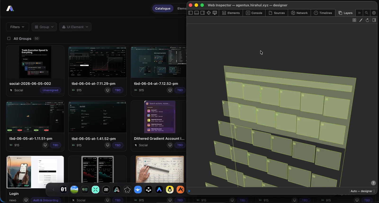 Safari Web Inspector Layers tab on agentux.hirahul.xyz, showing a clean 3D stack of compositor layers next to the AgentUX catalogue grid